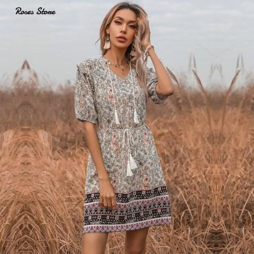 2021 Summer Floral Mini Dress for Woman Bohemian V Neck Short Sleeve Sundress with Drawstring Tassel Beach Vacation Clothes Robe