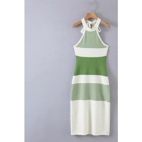 Sexy Striped Green Halter Women Dress 2021 Sleeveless Knitted Backless Lace Up Elegant Bodycon Vintage Casual Slim Party Dress