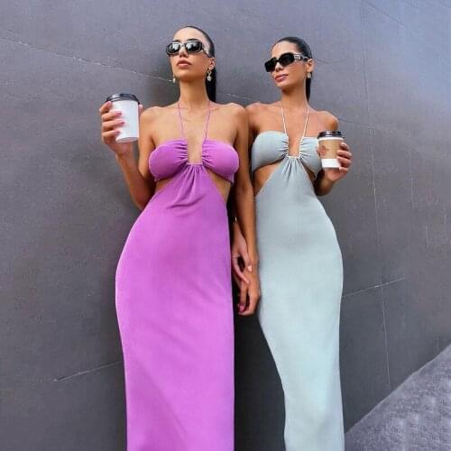 Tinastyle Off Shoulder Cut Out Sexy Party Dress Women Halter Backless Split Bodycon Maxi Dress Purple Casual Autumn Clubwear