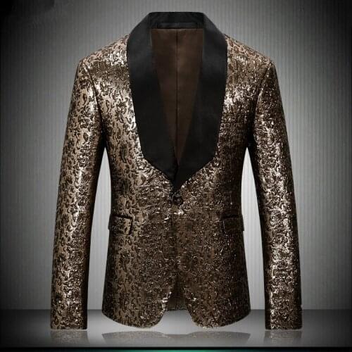 2020 New Men Gold Tuxedo Jacket Luxury Shinny Gold Prom Blazer Stage Costumes For Singers Marriage 4XL Blazer Hombre Slim Fit