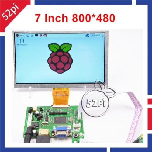 52Pi 7 Inch 800*480 TFT LCD Display Monitor Screen with Driver Board HDMI VGA 2AV for Raspberry Pi 3 / 2 Model B / PC Windows
