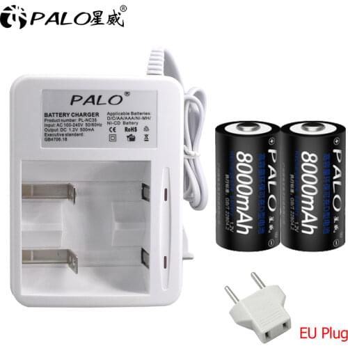 PALO C D Size Rechargeable Battery R14 C Cell Batteries 4000mAh type D battery 8000mAh + Charger for 1.2V AA AAA C D battery