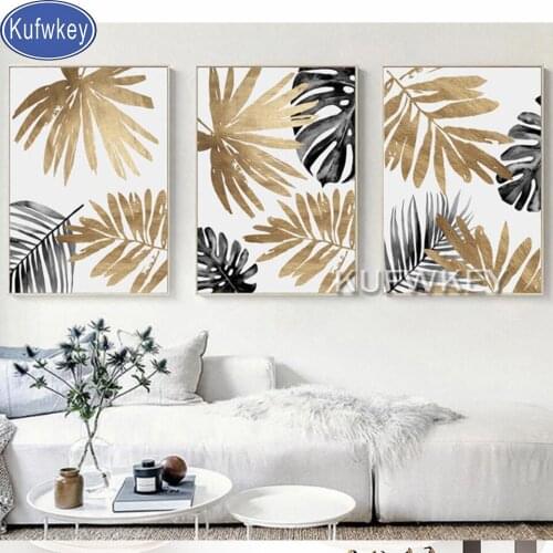 Diamond painting 3 Pieces Nordic Golden leaf full square round diamond embroidery rhinestone of pictures mosaic sets home art
