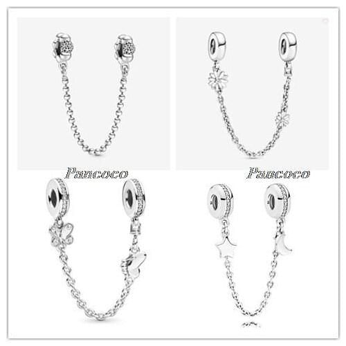Authentic 925 Sterling Silver Bead Charm Two Decorative Butterflies Safety Chain Beads Fit Pandora Bracelet & Necklace Jewelry