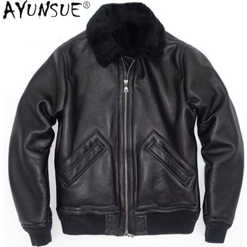 AYUNSUE 2021 Winter Genuine Sheepskin Male Leather Jackets Black Warm Thick Wool Collar Jacket Korean Clothes Veste Homme Gmm40
