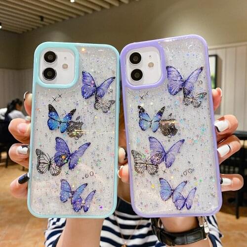 LOVECOM Glitter Butterfly Phone Case For iPhone 12 11 Pro Max XS Max XR X 7 8 Plus Case Soft Acrylicr Candy Frame Phone Cover
