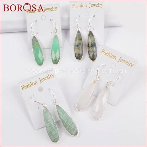 BOROSA 5Pairs Silver Color Teardrop White Quartz Crystal Labradorite Faceted Charms Dangle Earrings Druzy Women Jewelry S1524-E