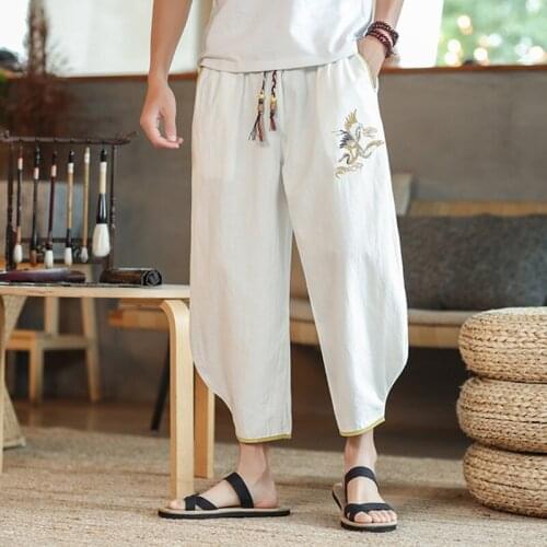 Summer 2020 Men Cotton Linen Baggy Wide Leg Pants Men Hip Hop Bloomers Pants MenS Calf-Length Cross Pants Kimono Trousers 30785