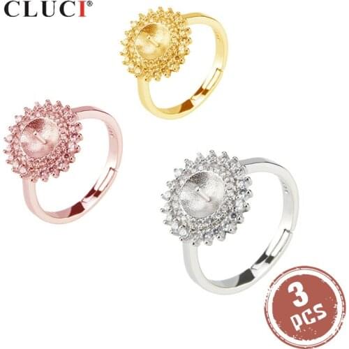 CLUCI 3pcs Silver 925 Sunflower Shaped Zircon Ring for 925 Sterling Silver Adjustable Ring Setting Women Jewelry SR2041SB