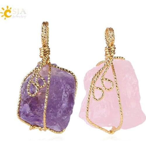CSJA Unique Love Women Gift Natural Stone Pendant Jewelry Gold Plate Wire Wrap Pink Clear Purple Yellow Crystal Irregular E153