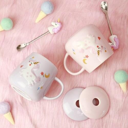 Unicorn Mermaid Coffee Mug with Lid 3D Spoon Ceramic Water Tea Cup Gift for Women Girls Pink 400ml
