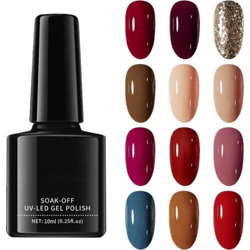 12Pcs Gel Nail Polish Set Glitter Semi Permanent Hybrid Gel Varnish Base Top Coat Soak Off UV LED Lacquer Nail Art For Women