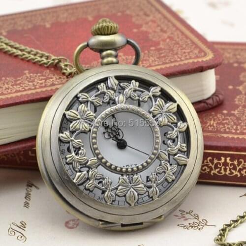 Hot Selling Free Shipping Hollowed Flower Quartz Pocket Watch High Quality Bronze Pocket Watch Necklace Gift Watch Wholesale