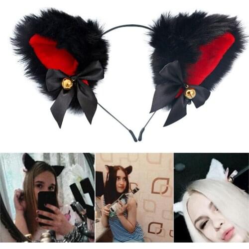 Cute Plush Cat Ears Bowknot Bell Headband Masquerade Halloween Christmas Party Comic Exhibition Cosplay Women Girls Hair Hoop