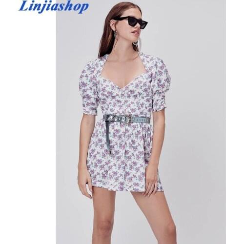 Floral print mini dress women backless zipper short sleeve pleated short summer chic dress ladies female vestidos