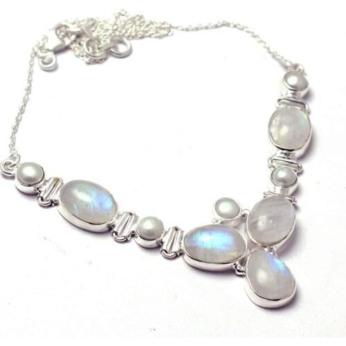 Genuine Blue Fire Moonstone + Pearl Necklace 925 Sterling Silver, 47 cm, MHBNE0207