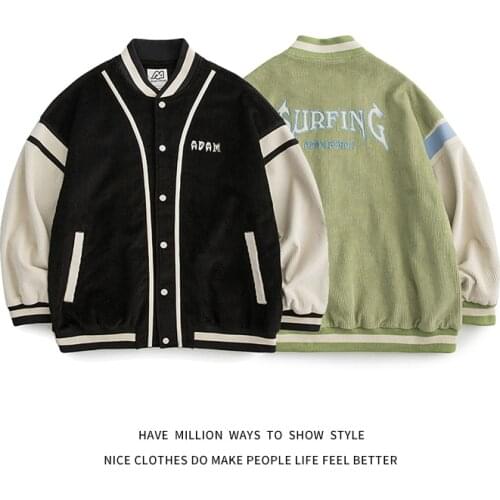 New Arrival Autumn And Spring Patchwork Corduroy Oversize Mens Baseball Bomber Jacket Embroid Unisex Womens Varsity Coach Coat
