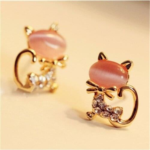 2021 New Fashion Cute Kitten Temperament Rhinestone Sweet Opal Cat Bowknot Stud Earrings For Women High Quality