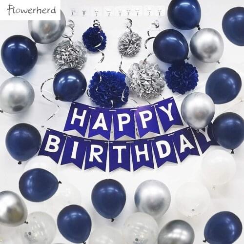 Blue Happy Birthday Decorations for Men, Navy Blue Silver Birthday Decoration Set for Men Women Boys Birthday Party Decorations
