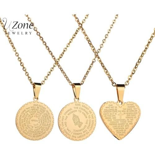 Uzone Religious Serenity Bible Praying Hands Necklace Stainless Steel Cross Heart Amen Scripture Amulet Necklaces Christmas Gift