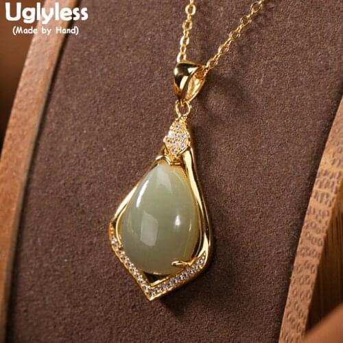 Uglyless Elegant Lady Party Dress Jewelry Natural Jade Water Drop Gemstones Necklaces + Chains 925 Silver Pendants for Women
