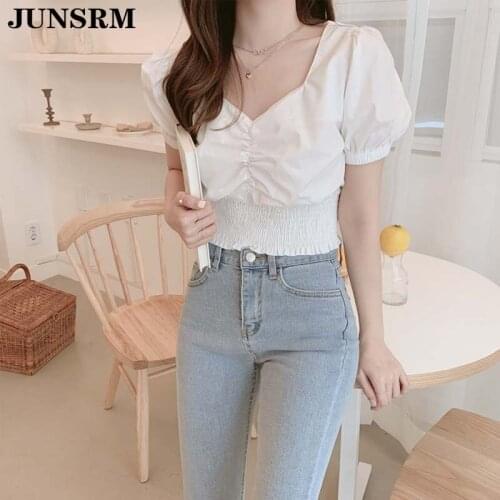 Women Blouses Tops 2020 Summer New Sexy V Neck Crop Top Shirt Femme Short Sleeve Casual Loose White Blouses Plus Size Blouse