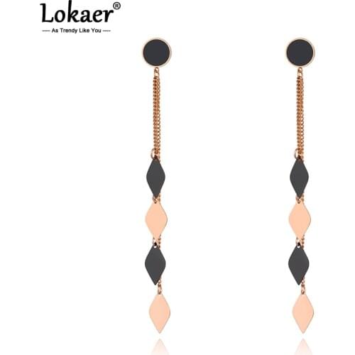 Lokaer Titanium Stainless Steel Geometric Tassel Dangle Earrings For Women Bohemia Black Acrylic Summer Beach Jewelry E20049