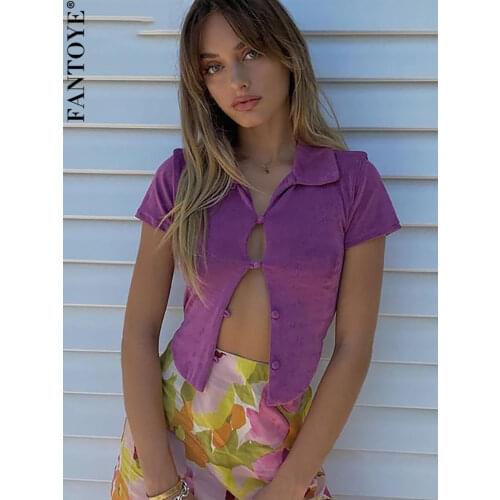Fantoye Single-breasted T Shirts Women Purple Short Sleeve Turn-down Collar Tops Women Summer Casual Streetwear Skinny T-Shirts