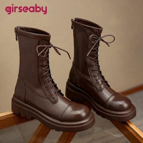 Girseaby Women Platform Mortorcycle Ridding Midcalf Boots Lace Up 6cm Low Square Heel Round Toe Footwear 43 Black Brown S2435