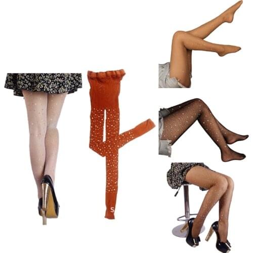Women Sexy Hollow Out Fishnet Pantyhose Glitter Rhinestone Diamond Embellished Slim Mesh Tights Sheer Net Stockings