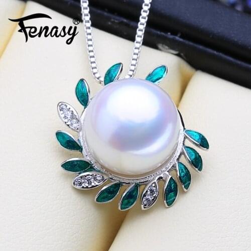 FENASY Natural Freshwater Pearl Pendant Necklace For Women 925 Sterling Silver Bohemian Green Stones Pendant With 10-11 mm Beads