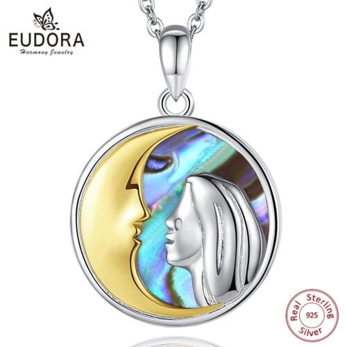 EUDORA 925 Sterling Silver Girl Golden Moon pendant Necklace Abalone Shell Blue Fashion Jewelry for Women Girl 2021 New cymbd038