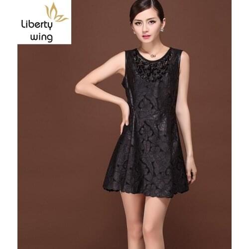 Elegant Lady Crystal Genuine Leather Pleated Mini Dress For Women Vintage Embroidery Office Work Party Sleeveless Sundress
