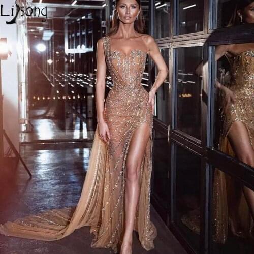 Illusion Gold Mermaid Evening Dresses With Crystal Beaded Sexy Side Split One Shoulder Prom Dress 2020 Luxury Long Formal Gowns