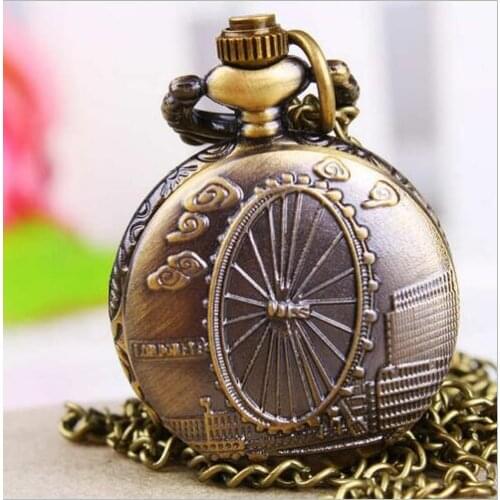 10 pcs /lot Antique bronze Unique design ferris wheel Pocket watches necklace Pendant Chain Clock PO386