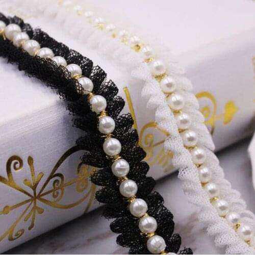 10Yards Mesh Pearl Gold Lace Beaded Ribbon For Sewing Home Textile Headwear Headdress Accessories Ruffled Lace Dentelle Black