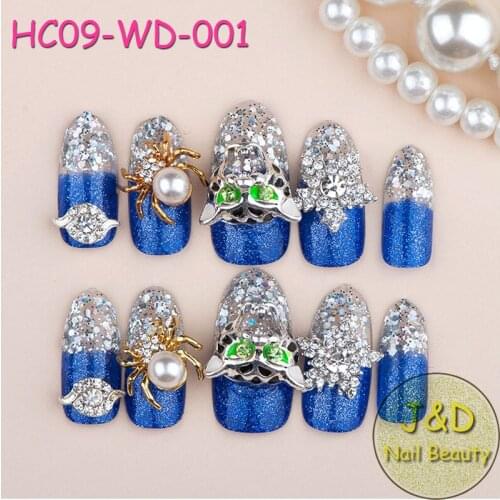 12boxes 3D Full Cover Silvery Glitter Nail Art Tips Blue False Tip Gold Spider Pearl Artifical Tip Rhinestones Star Stone #1