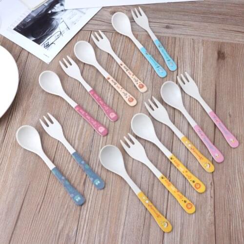 2pcs/Set Bamboo Fiber Environmental Protection Creative Cute Spoon Fork Children Gift Tableware Baby Spoon Fork