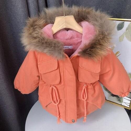 2021 Winter Fleece Parkas Kids Jackets for Girls Thick Velvet Pocket Childrens Coat Baby Outerwear Infant Hooded Overcoat G24