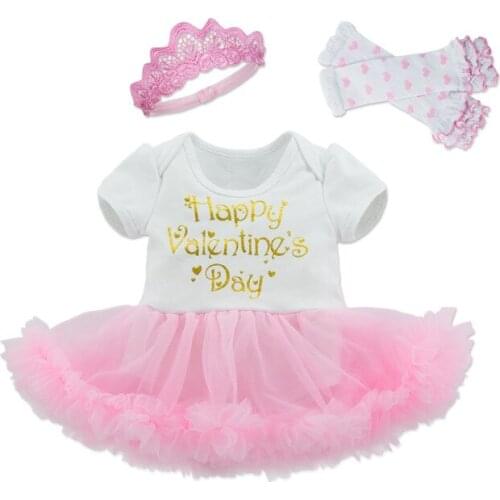 Tutu Cotton Girls Clothing Sets Bebes Romper Pink Happy Valentines Day Ruffle Dress+Socks+Crown 3pcs Cute Baby Girl Clothes