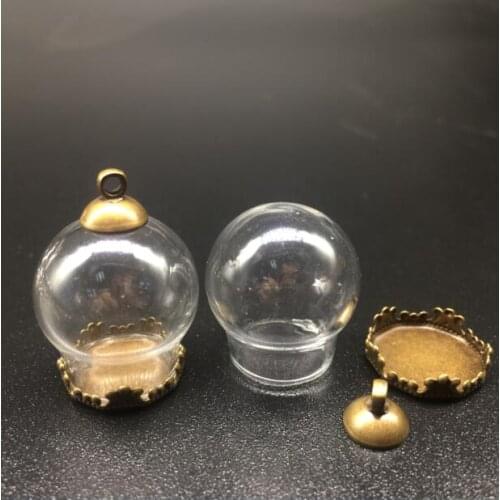 5sets 20*15mm Clear round glass globes orbs metal crown base tray set jewelry finding cap necklace vial pendant wishing bottles