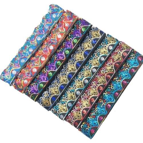 5 Yards 4.5cm EthnicSequins Webbing Ribbon Tape Shoes Dress Decorative Embroidered Iron on Lace Trims DIY Sewing