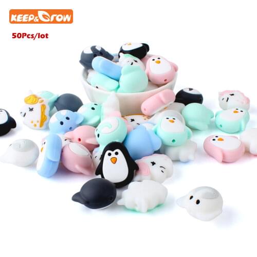 Keep&Grow 50Pcs Penguin Unicorn Elephant Animal Silicone Beads Cartoon Baby Teether Teething Necklace Toys DIY Newborn Gifts