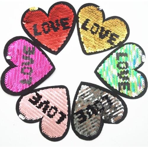 60pcs Heart Magic Reversible Sequins iron on patch reverse transfer applique badge for clothes and bag