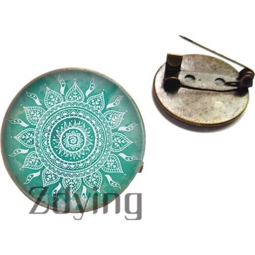 Zdying 20mm Antique Bronze Mandala Badge Brooch Glass Cabochon Zen Yoga Pattern Round Brooch Pins Buddhism Chakra Jewelry HM082