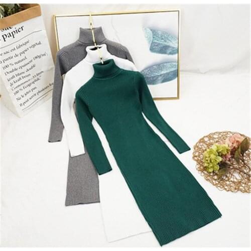 Black women turtleneck knitted dress female 2021 autumn winter Dress midi sweater dresses elegant sweater cotton bodycon dress