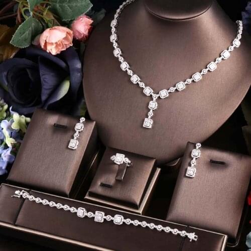 Janekelly 4pcs Bridal Zirconia Full Jewelry Sets For Women Party, Luxury Dubai Nigeria CZ Crystal Wedding Jewelry Sets