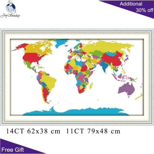 Joy Sunday World Map Home Decor J382 14CT 11CT Counted and Stamped Map Of The World Needlework Embroidery DIY Cross Stitch kits