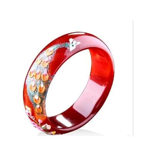 Chinese A Grade Natural Red Chalcedony Painting Shell Peacock Womens Bangle
