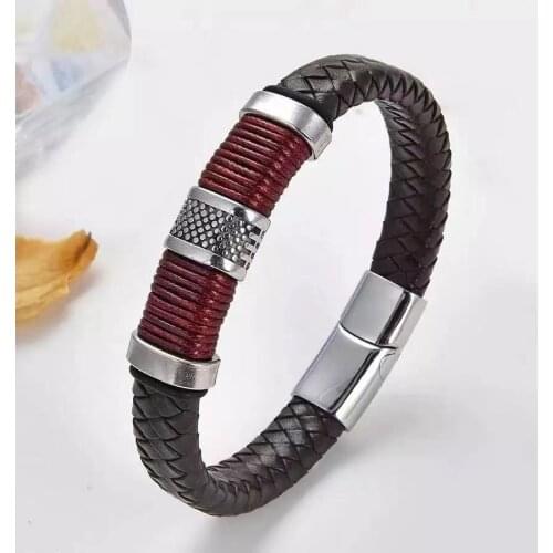 2021 Leather Rope Wrapping Special Style Classic Stainless Steel Mens Leather Bracelet Double-layer Design DIY